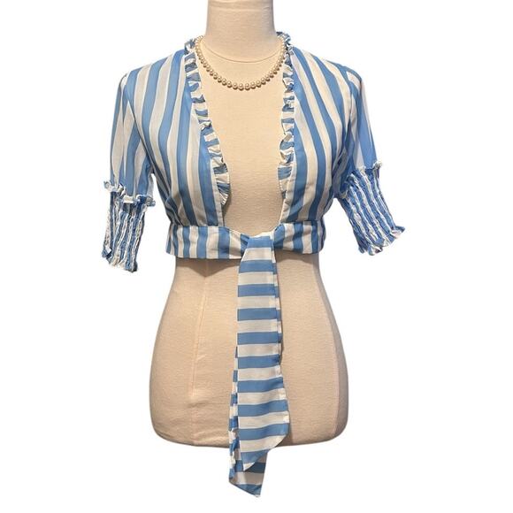 Striped Print Deep V-Neck Blue and White Jacket, Size Small - Picture 1 of 9